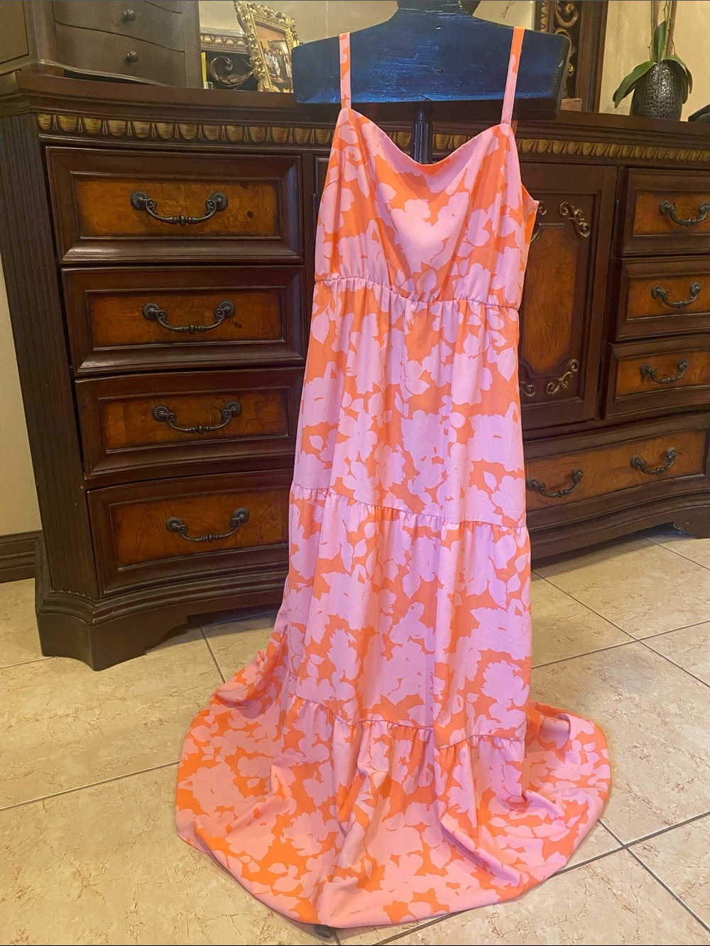 Flowing Pink and Orange Floral Maxi Dress - Spaghetti Strap